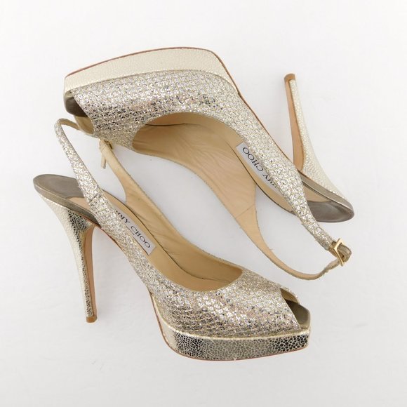 JIMMY CHOO CLUE Champagne Glitter Sling Pumps 37.5